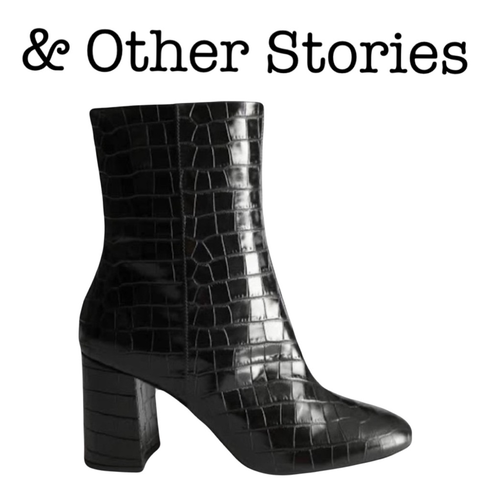 & Other Stories Black Crocodile Leather Platform Boots Size 10.5